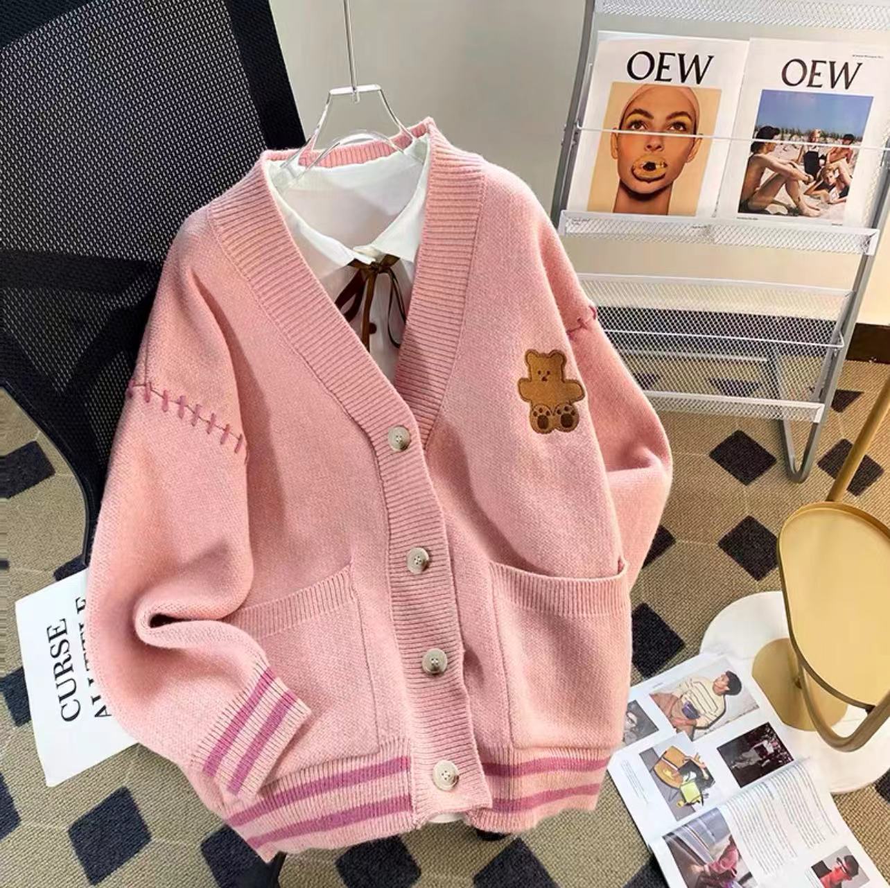 Bear sweater cardigan women's coat early spring new women's clothing loose gentle autumn and winter knitted tops