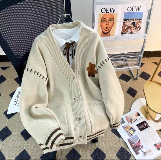 Bear sweater cardigan women's coat early spring new women's clothing loose gentle autumn and winter knitted tops