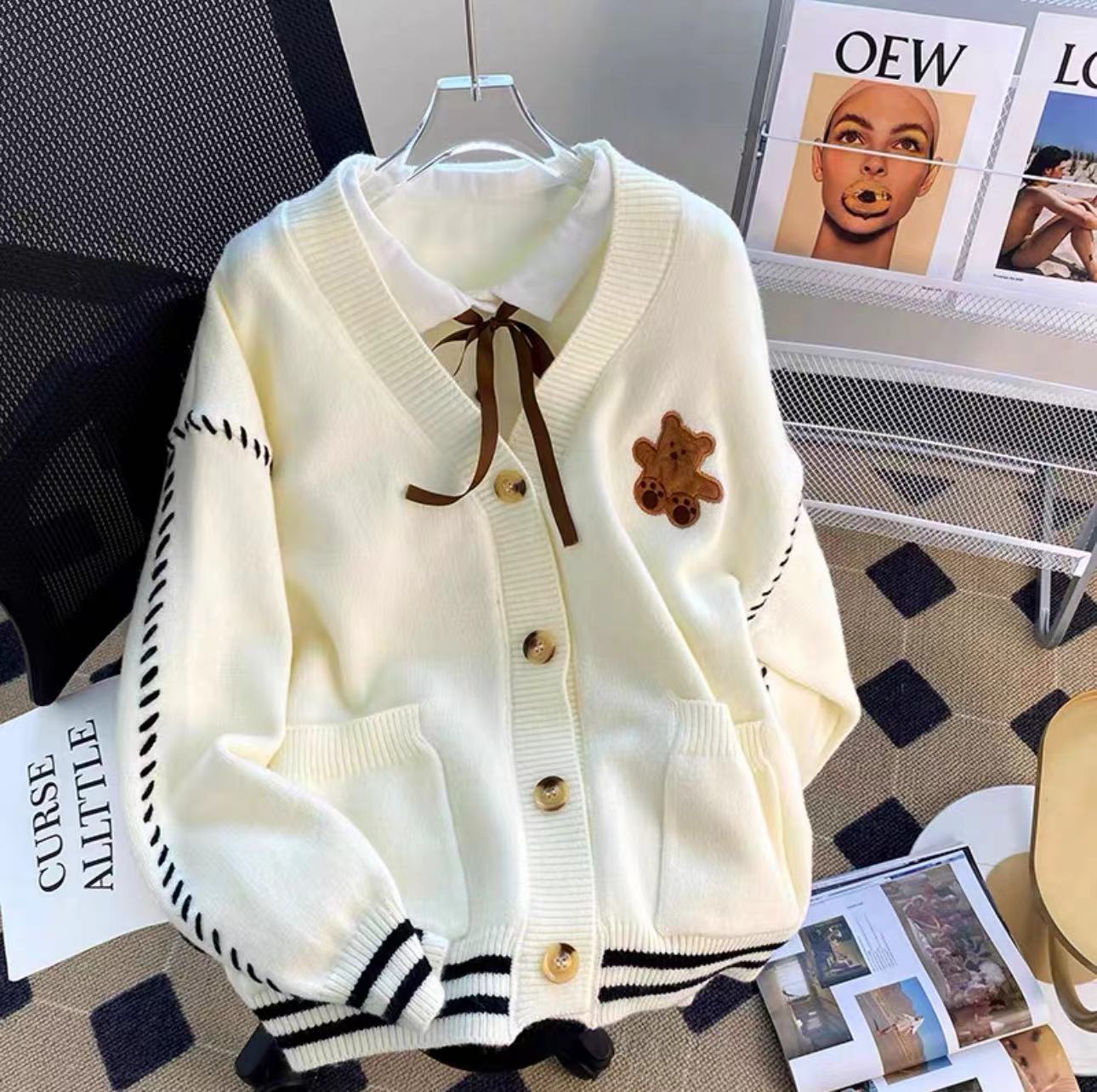 Bear sweater cardigan women's coat early spring new women's clothing loose gentle autumn and winter knitted tops