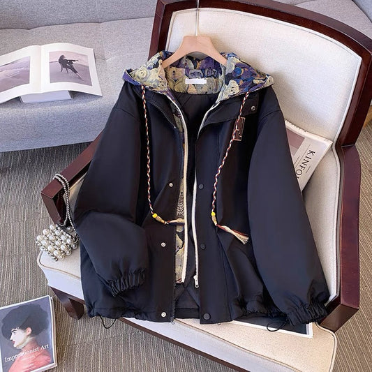 Embroidered hooded jacket autumn and winter plus velvet jacket new style hot style loose thickened baseball jacket