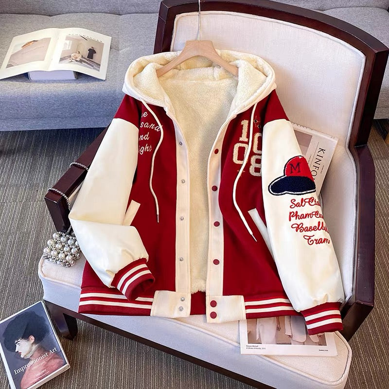 Hooded color matching baseball jacket for women autumn and winter plus velvet thickened new style cotton coat