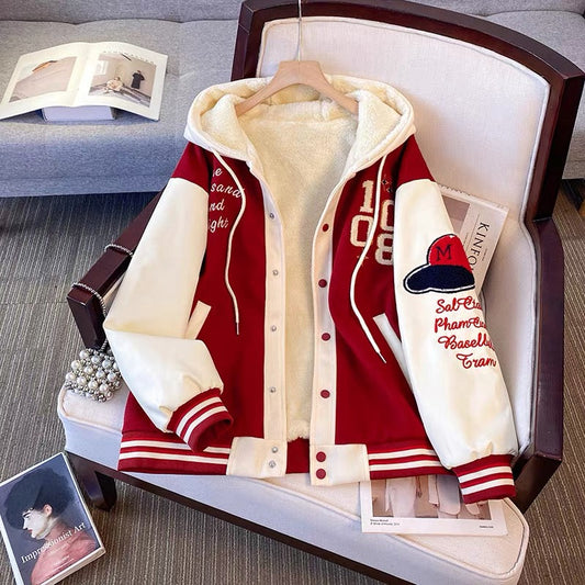 Hooded color matching baseball jacket for women autumn and winter plus velvet thickened new style cotton coat