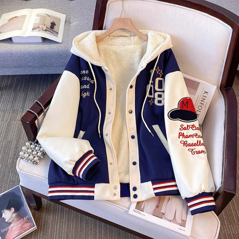 Hooded color matching baseball jacket for women autumn and winter plus velvet thickened new style cotton coat